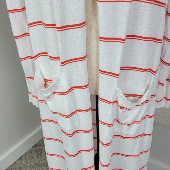 CAbi Orange And White Striped Stroll Long Open Face Cardigan/Duster Sweater Sz M - Picture 8 of 15
